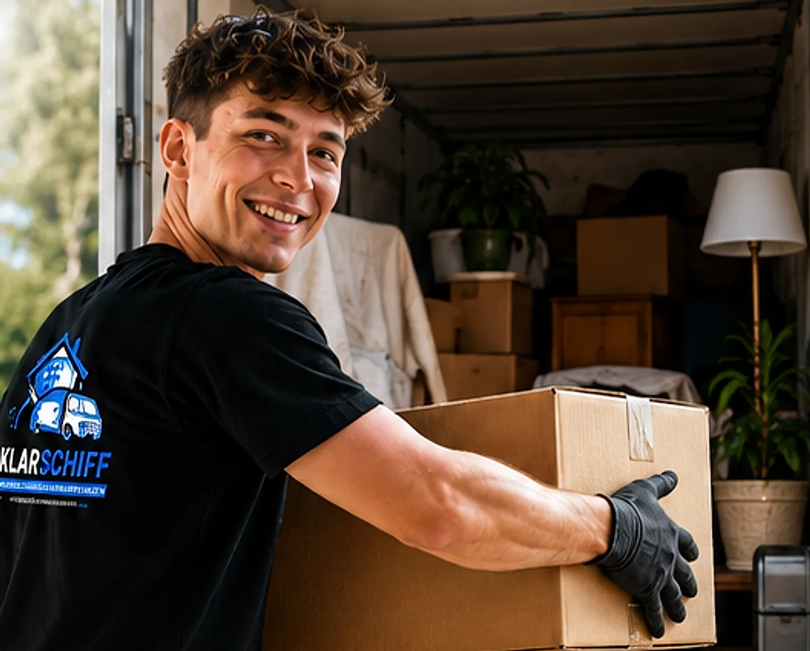 Mitarbeiter von KLARSCHIFF verlädt einen Umzugskarton in den Transporter