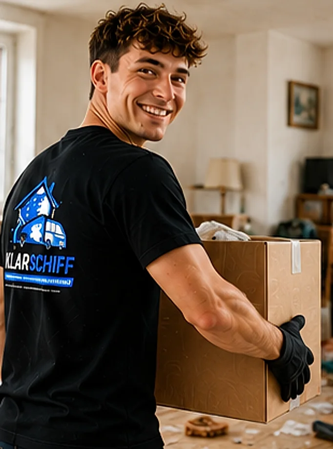 Umzugsservice: Mitarbeiter von KLARSCHIFF trägt einen Umzugskarton durch eine leergeräumte Wohnung