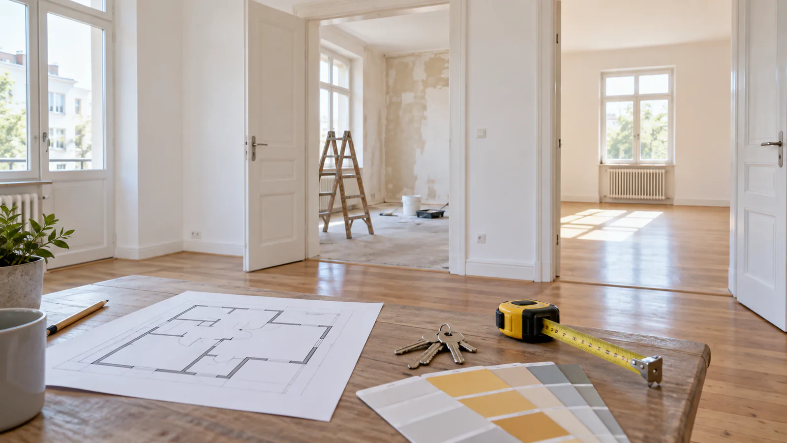 Leere Wohnung mit Renovierungsplan, Schlüssel und Farbmuster